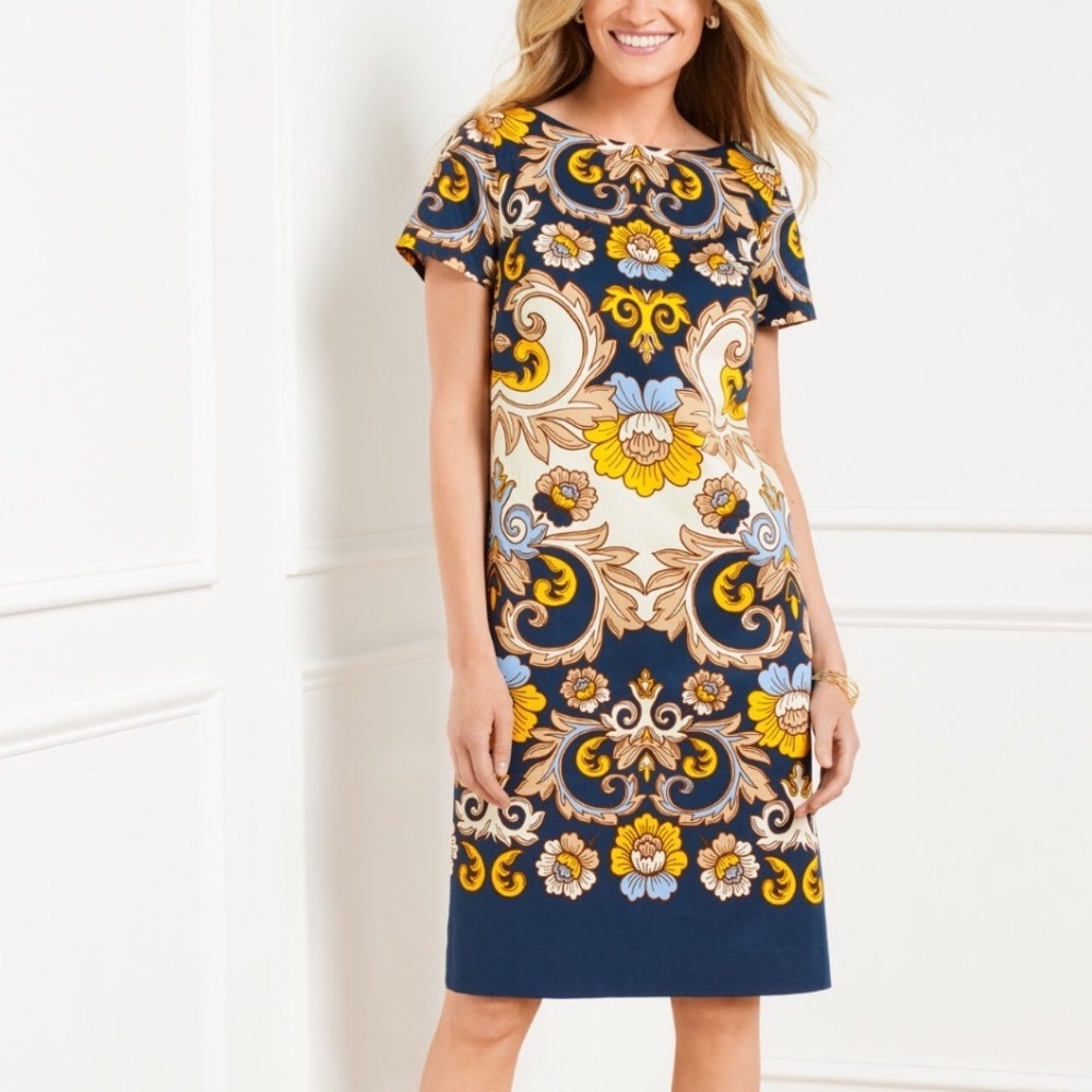 Talbots Cotton Short Sleeve Damask Navy Blue Woven Shift Dress Women's Size 12